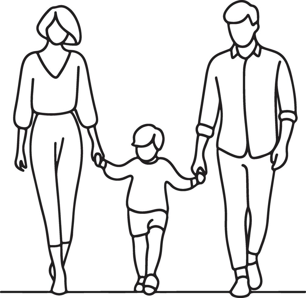 Family Holding Hands Parents and Children Walking Together Family Line Art Set with Various Poses and Activities vector
