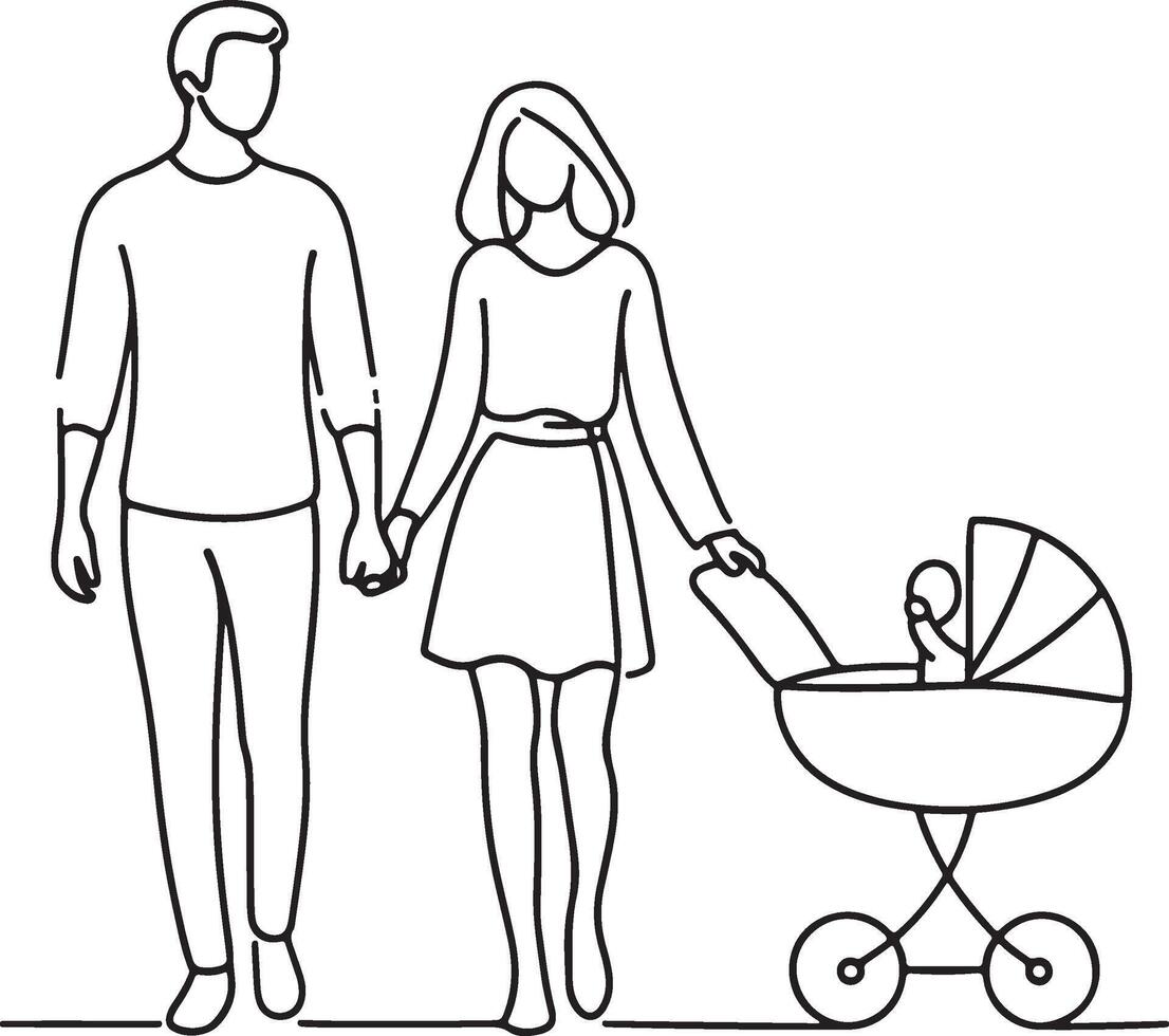 Family Holding Hands Parents and Children Walking Together Family Line Art Set with Various Poses and Activities vector