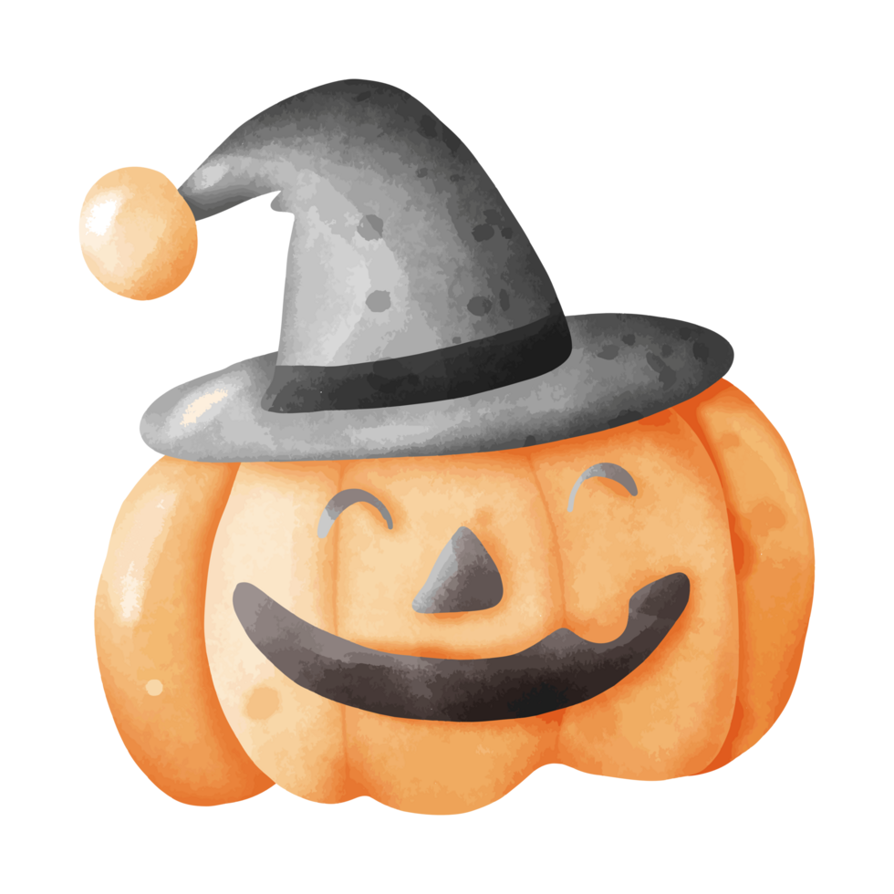Water color Smiling Jack-O'-Lantern with Witch Hat for Halloween Fun png