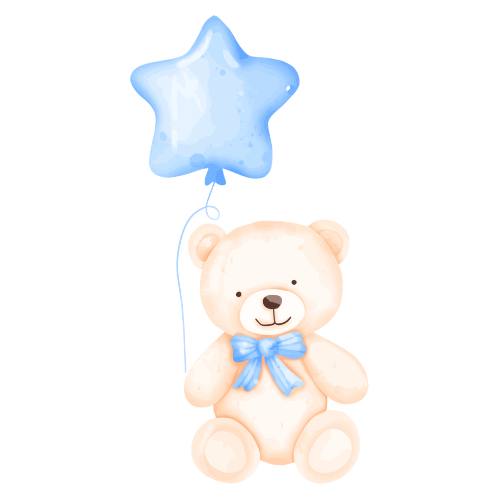 Watercolor Teddy Bear with Blue Balloon Illustration png