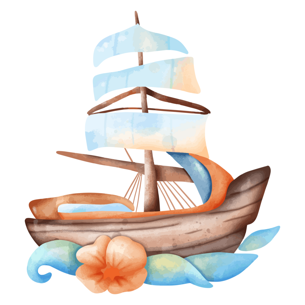 Beautiful Watercolor Illustration of a Sailboat with Ocean Waves png