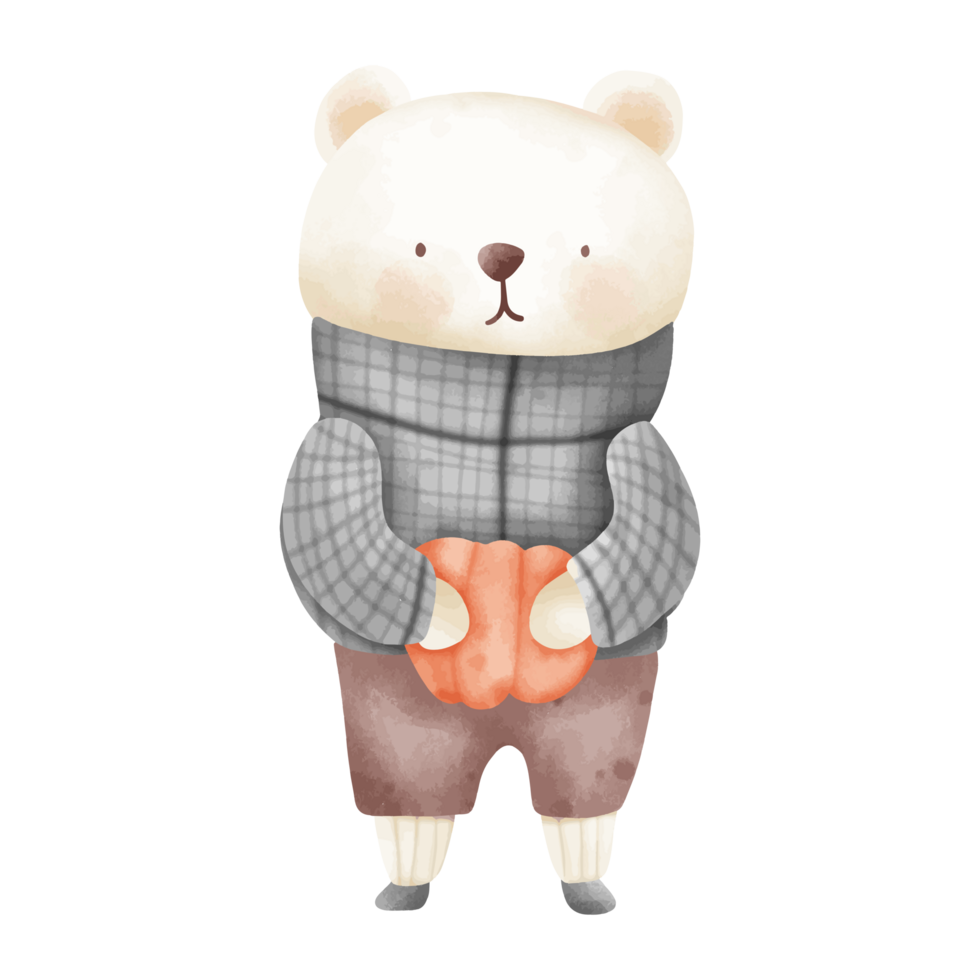 Watercolor Cozy Bear with Pumpkin Illustration for Autumn Decor png