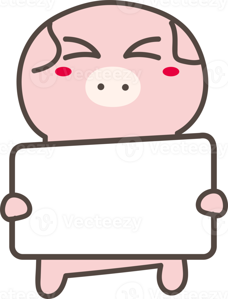 Cute cartoo pig holding a sign illustration on transparent background. png
