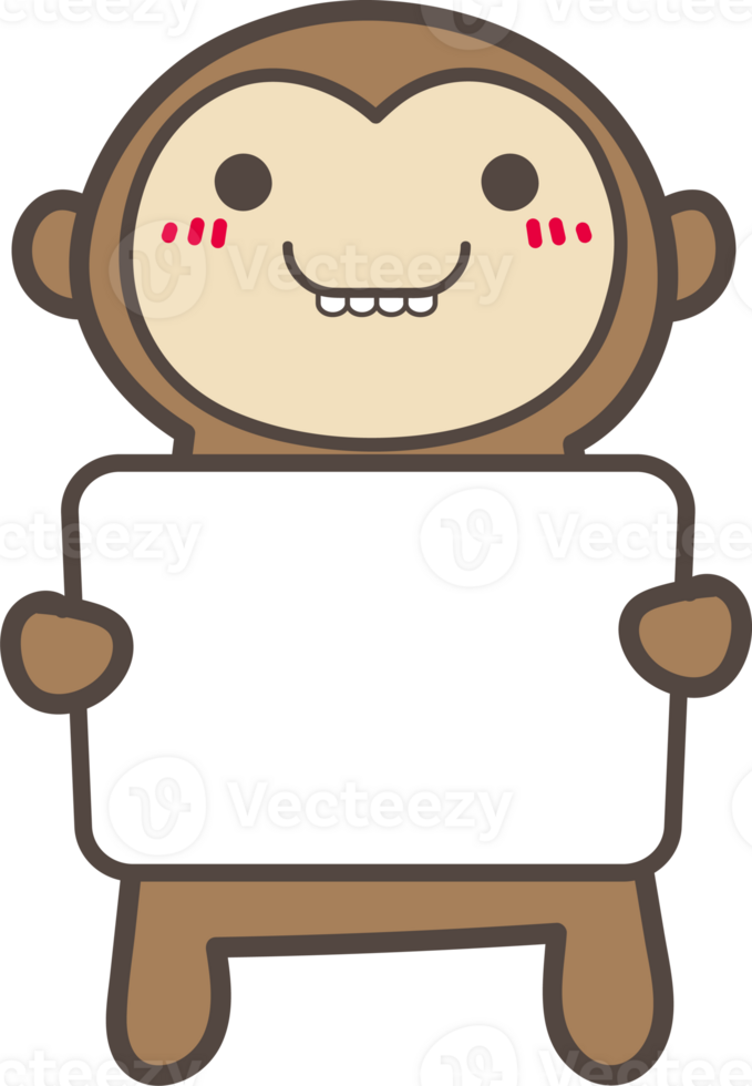 Cute cartoo monkey holding a sign illustration on transparent background. png