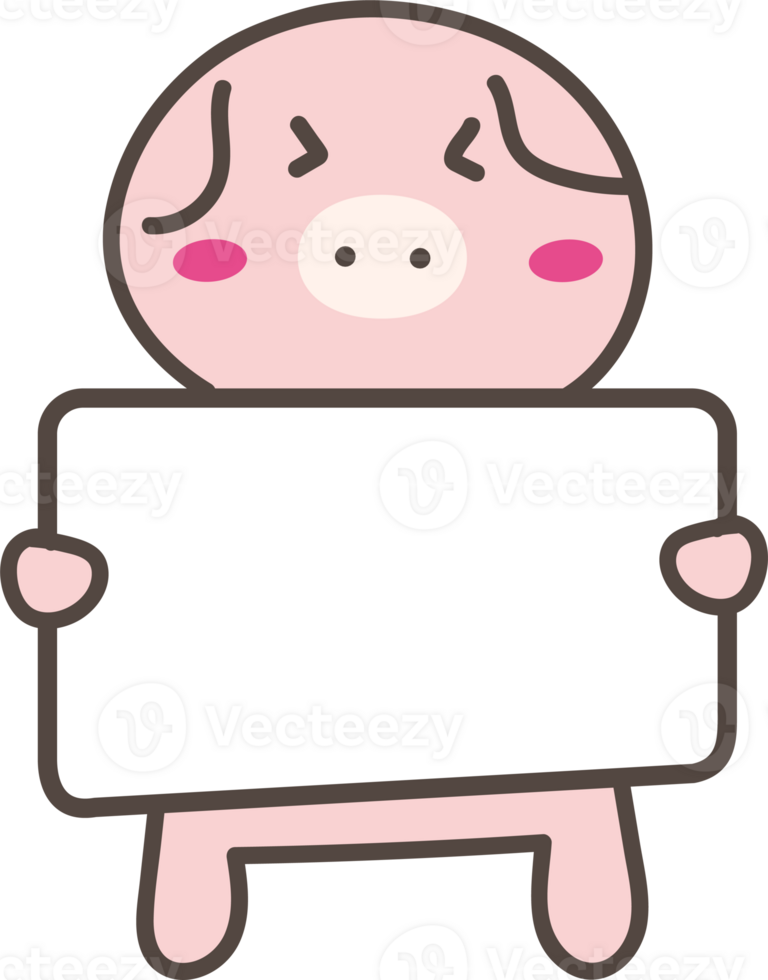 Cute cartoo pig holding a sign illustration on transparent background. png