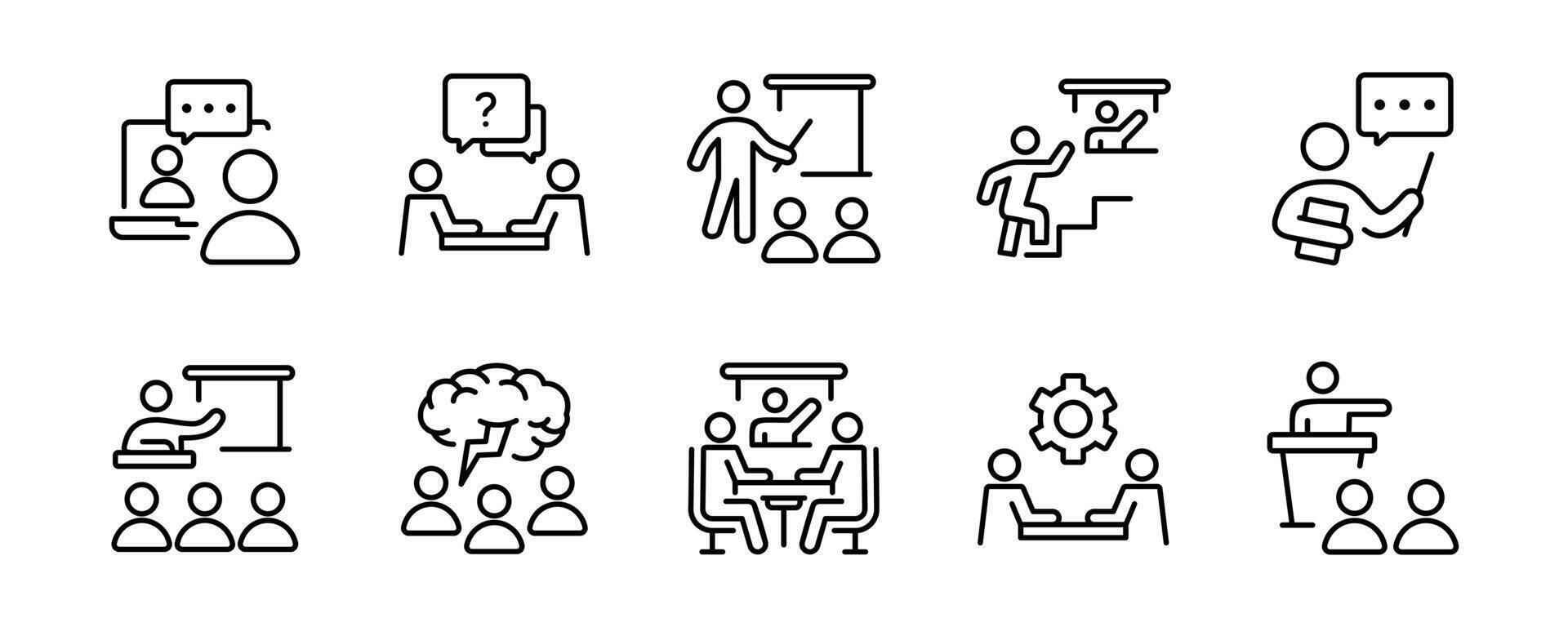 workshop training online course conference icon set human resource seminar coaching skill education outline teamwork development symbol illustration for web and app vector