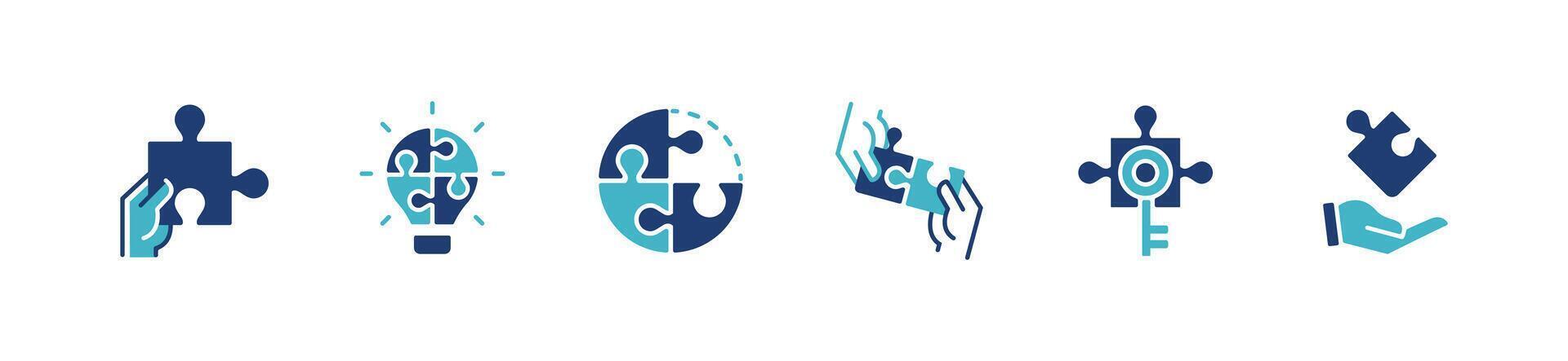 collection of jigsaw puzzle piece match problem solving success idea icon business teamwork challenge strategy innovation symbol illustration vector