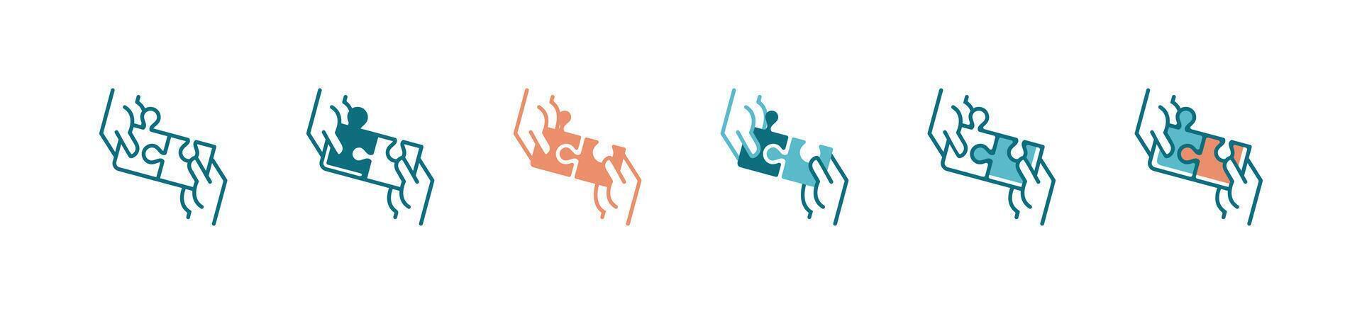 teamwork solving problems together with puzzle piece match solution icon with hands holding jigsaw part creative idea strategy symbol illustration vector