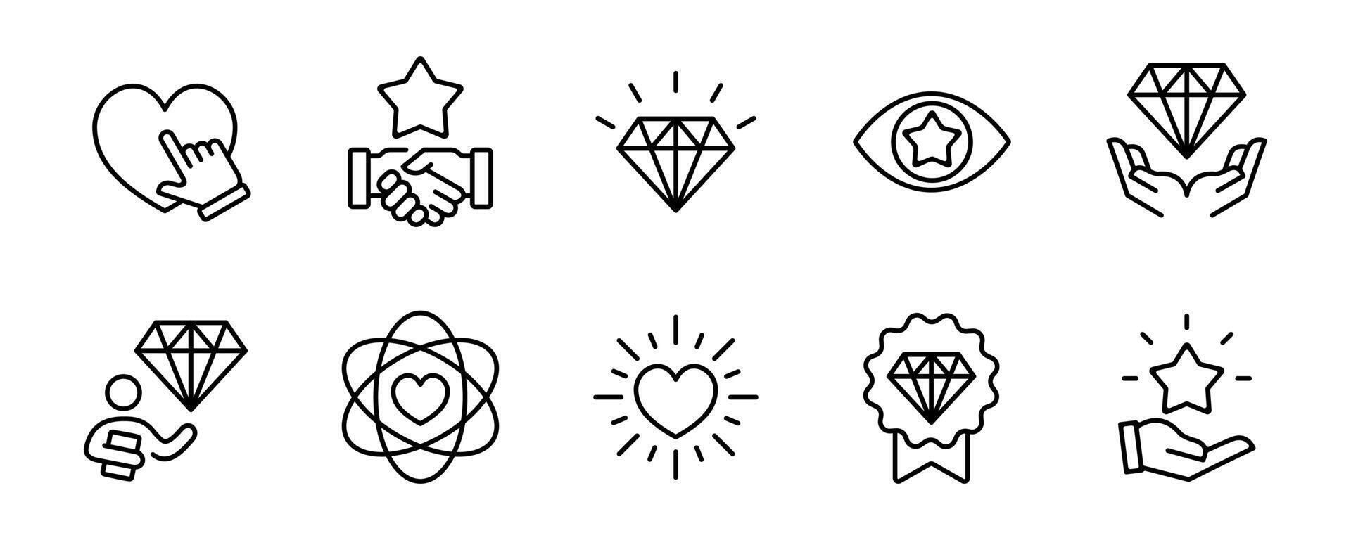 business core values icon set. client management care, love, passion, trust, responsibility, integrity, ethics, empathy, commitment outline illustration vector