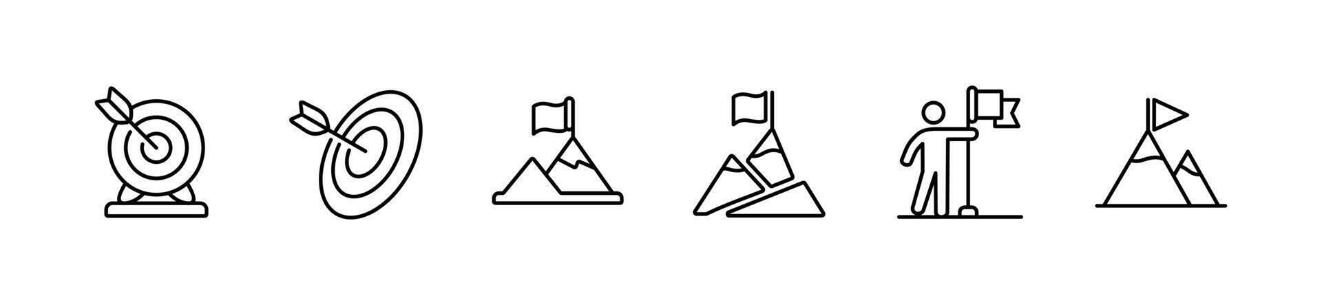 target goal mission business objective success icon set aim challenge summit marketing strategy illustration dart arrow and flag on top of mountain achievement symbol outline design vector