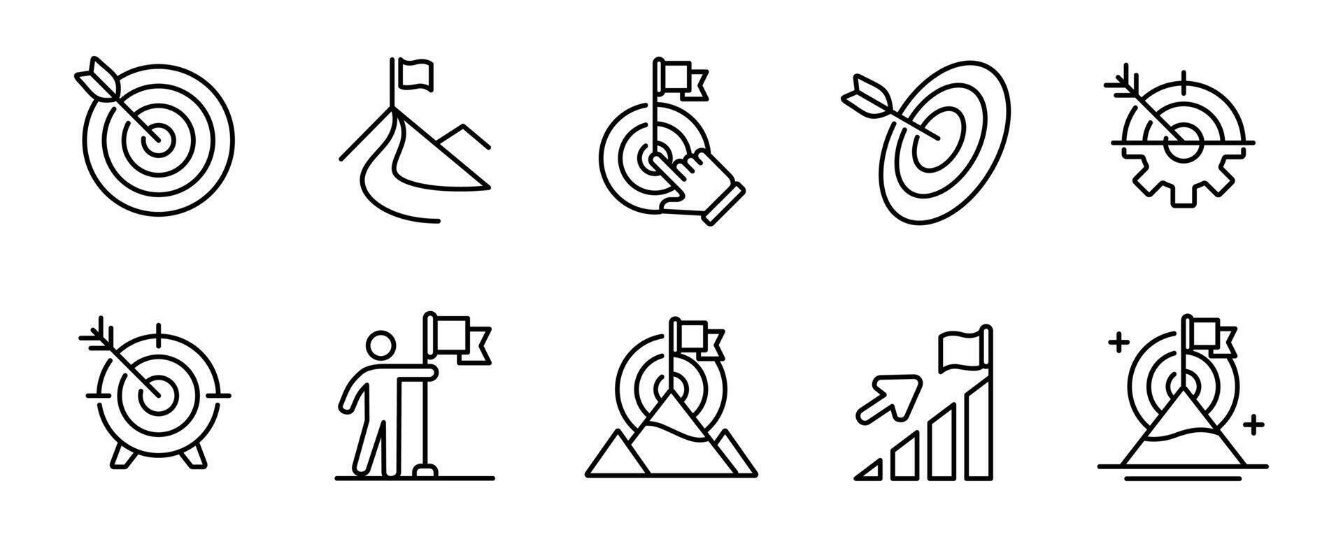 target mission icon set with goal arrow aim and mountain peak line illustration. Business challenge objective success performance symbol collection for web and app vector