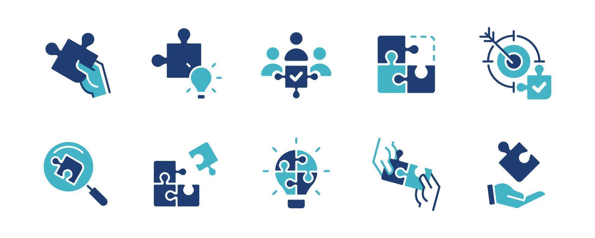 puzzle challenge solution icon set business teamwork mission jigsaw piece match part problem solving management illustration vector