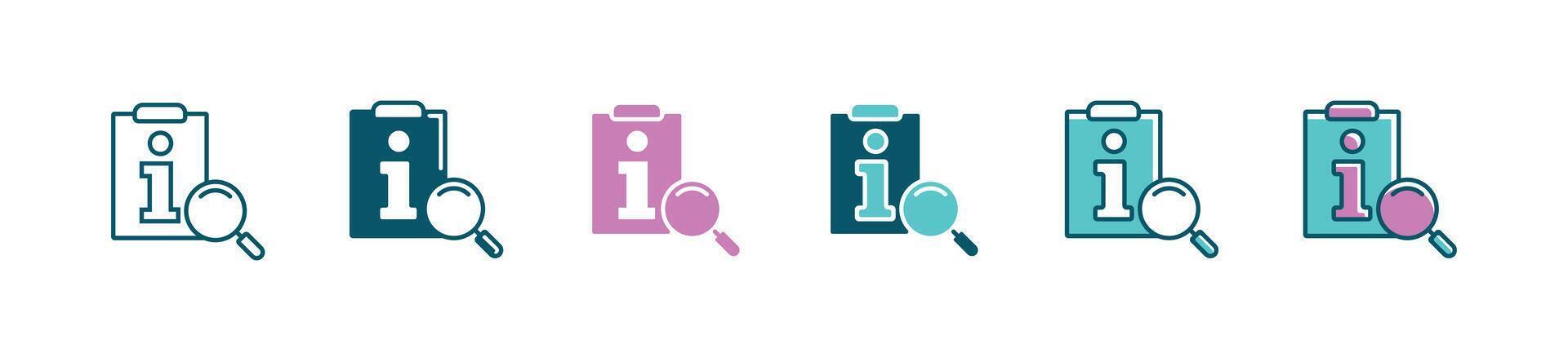 manual instruction icon with magnifier search and clipboard letter i business reference information panel policy, guidebook, faq, support, service, help, answer symbol illustration vector