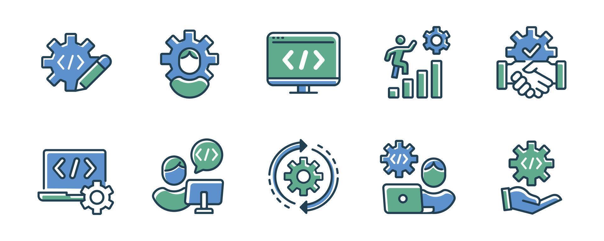 business program development improvement software deploy digital environment icon set modern cloud environment integration for web and app with gear cogwheel symbol illustration vector