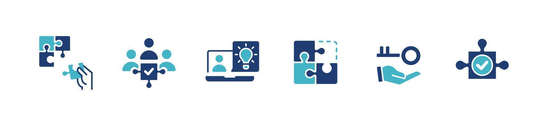 set of problem solving strategy innovation match jigsaw puzzle piece icon set creative idea teamwork challenge solution illustration objective management success answer symbol design vector