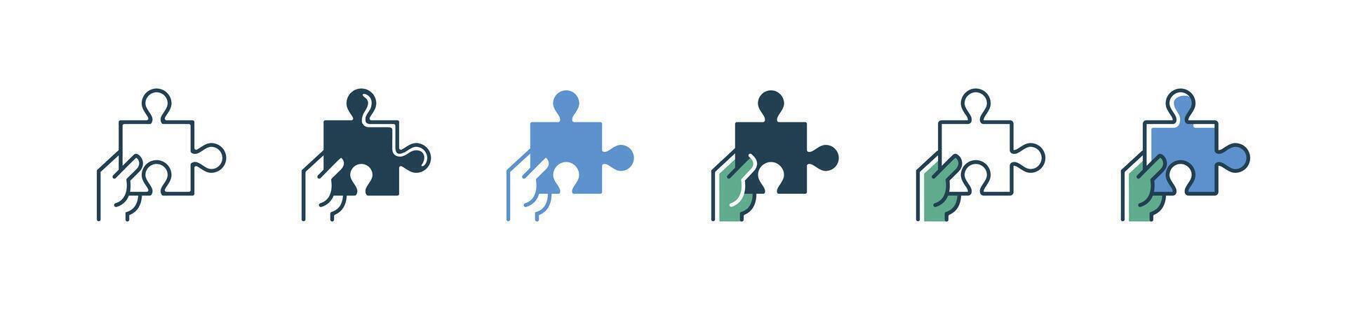 hand holding puzzle piece icon business problem solving with jigsaw part creative solution symbol illustration outline simple design vector