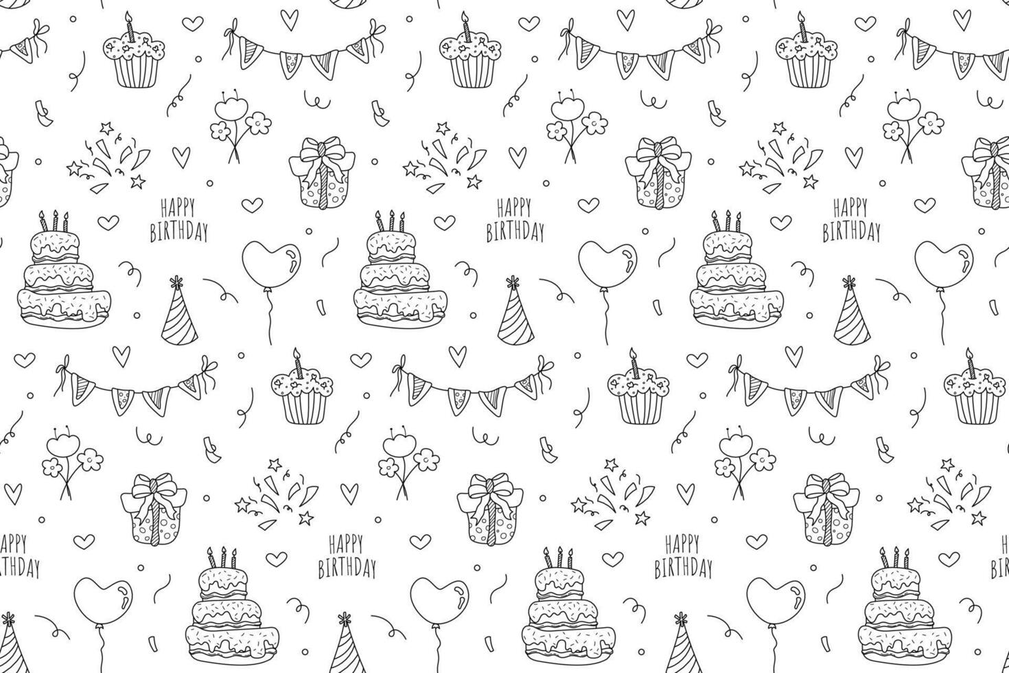 Hand drawn Happy Birthday seamless pattern. Doodle cakes, paper garland, confetti, balloon, hat, flowers and gift box. Seamless texture, background for card, wrapping or invitation design vector