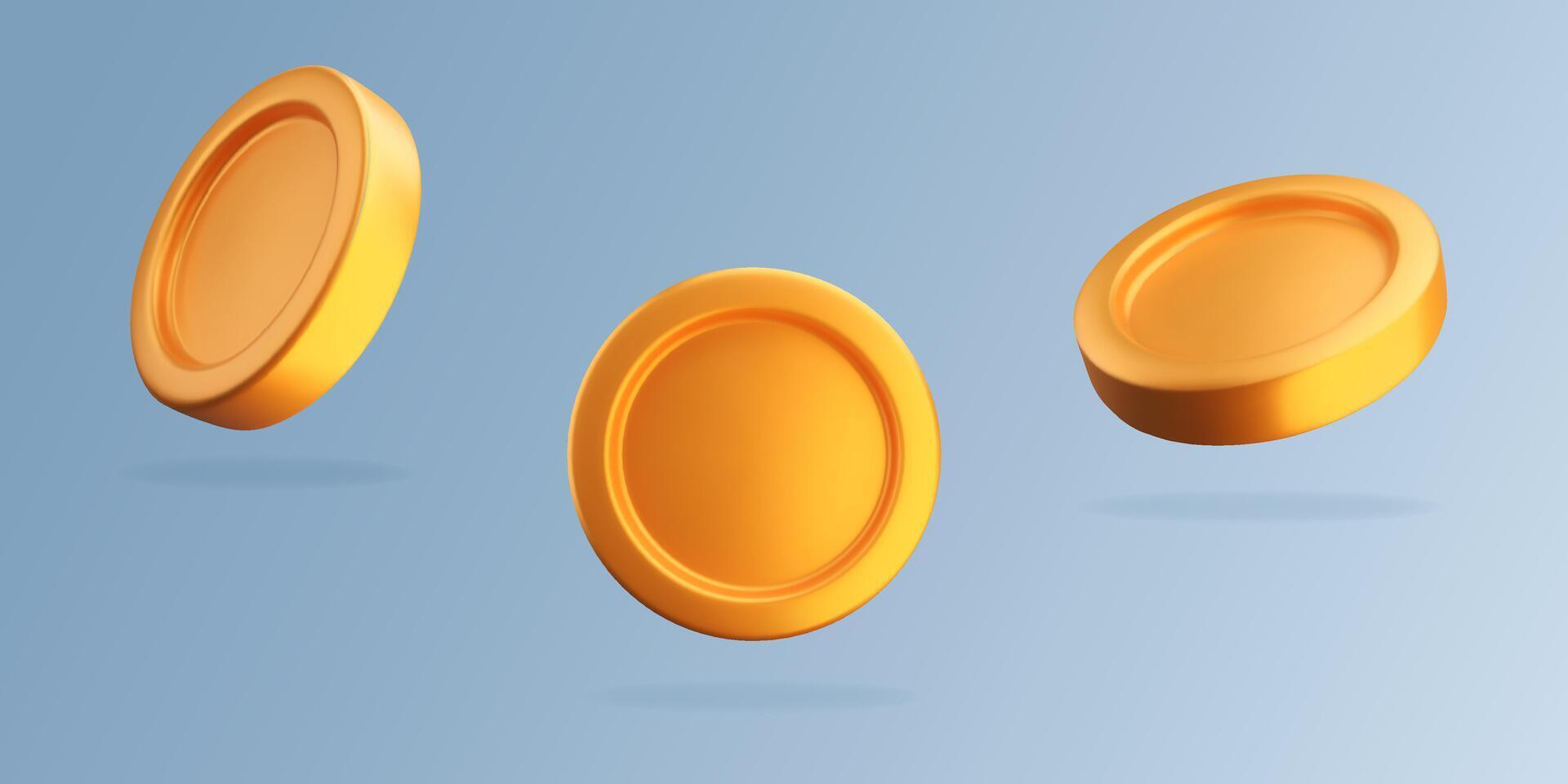 3D gold coin in different angles. Isolated stylized money on blue background. Illustration of finance and investment symbol vector