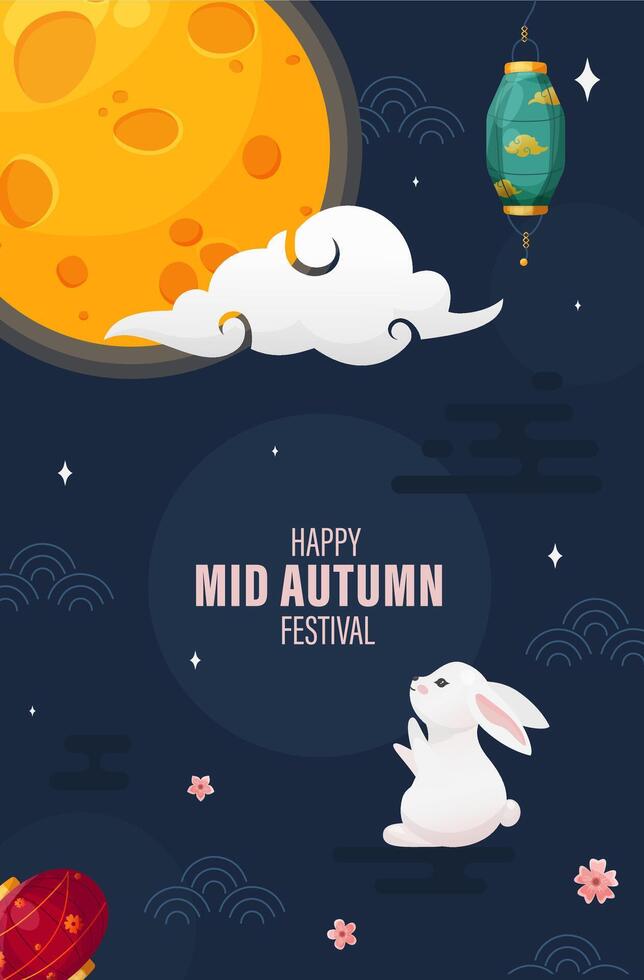 Mid Autumn festival card. Full moon, chinese lanterns, moon rabbit and text Happy Mid-Autumn Festival on dark blue background. Greeting card or illustration for social media vector
