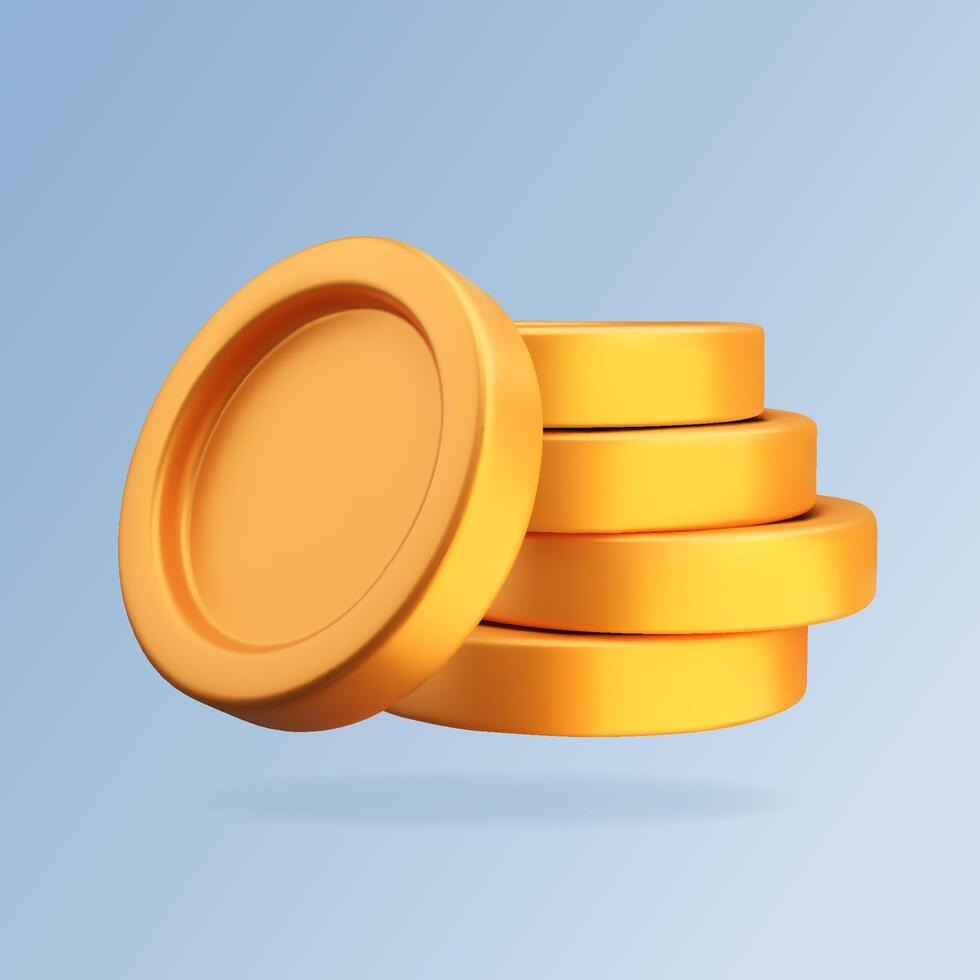 3D bunch of gold coins. Isolated stylized stack of money on blue background. Illustration of finance and investment symbol for apps, games, banner or flyer vector