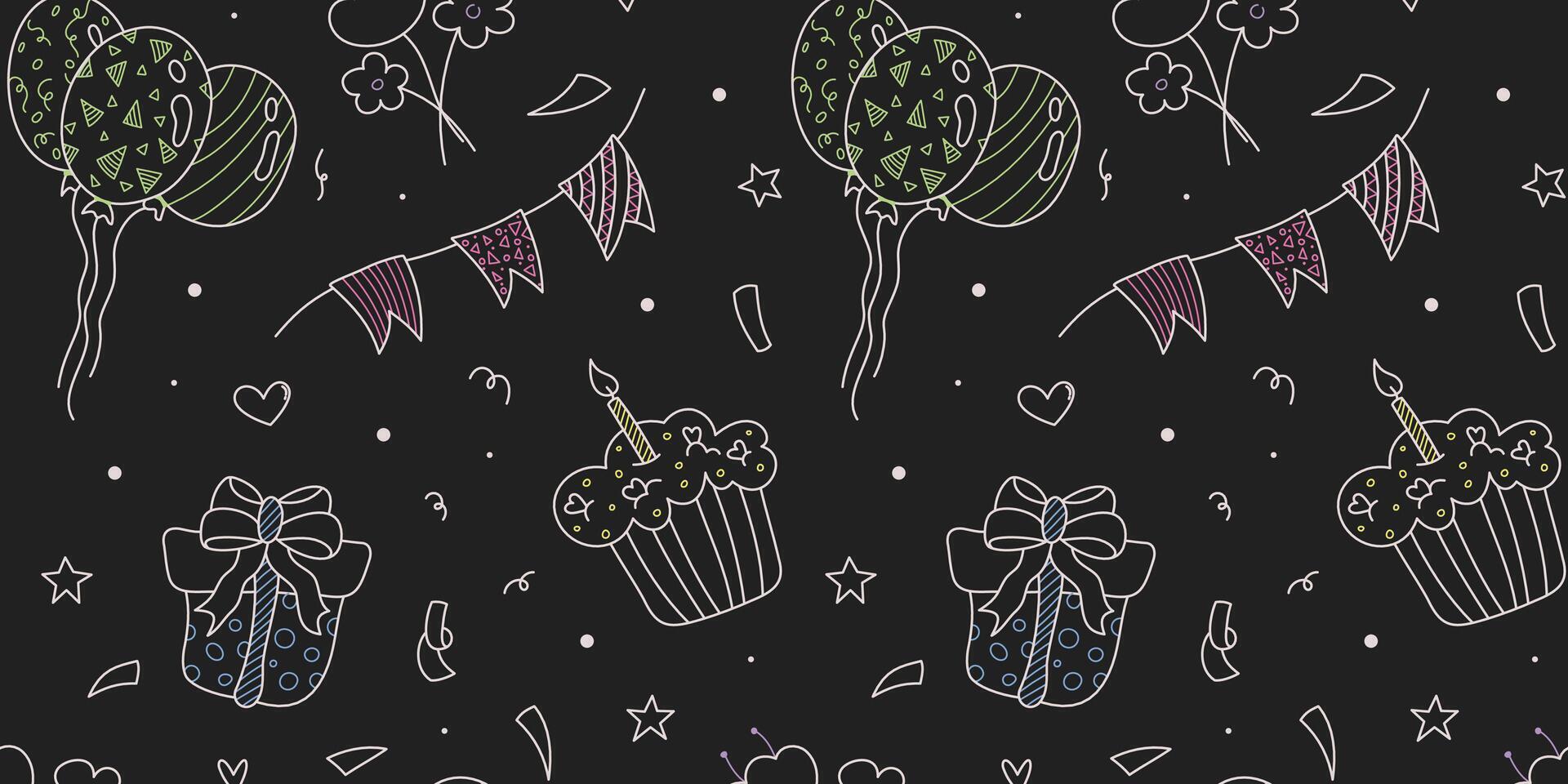 Birthday Doodle seamless pattern with hand drawn elements. Birthday cupcake with candle, giftbox, garland and baloons. Festive illustration for background, invitation design, banner, wrapping vector