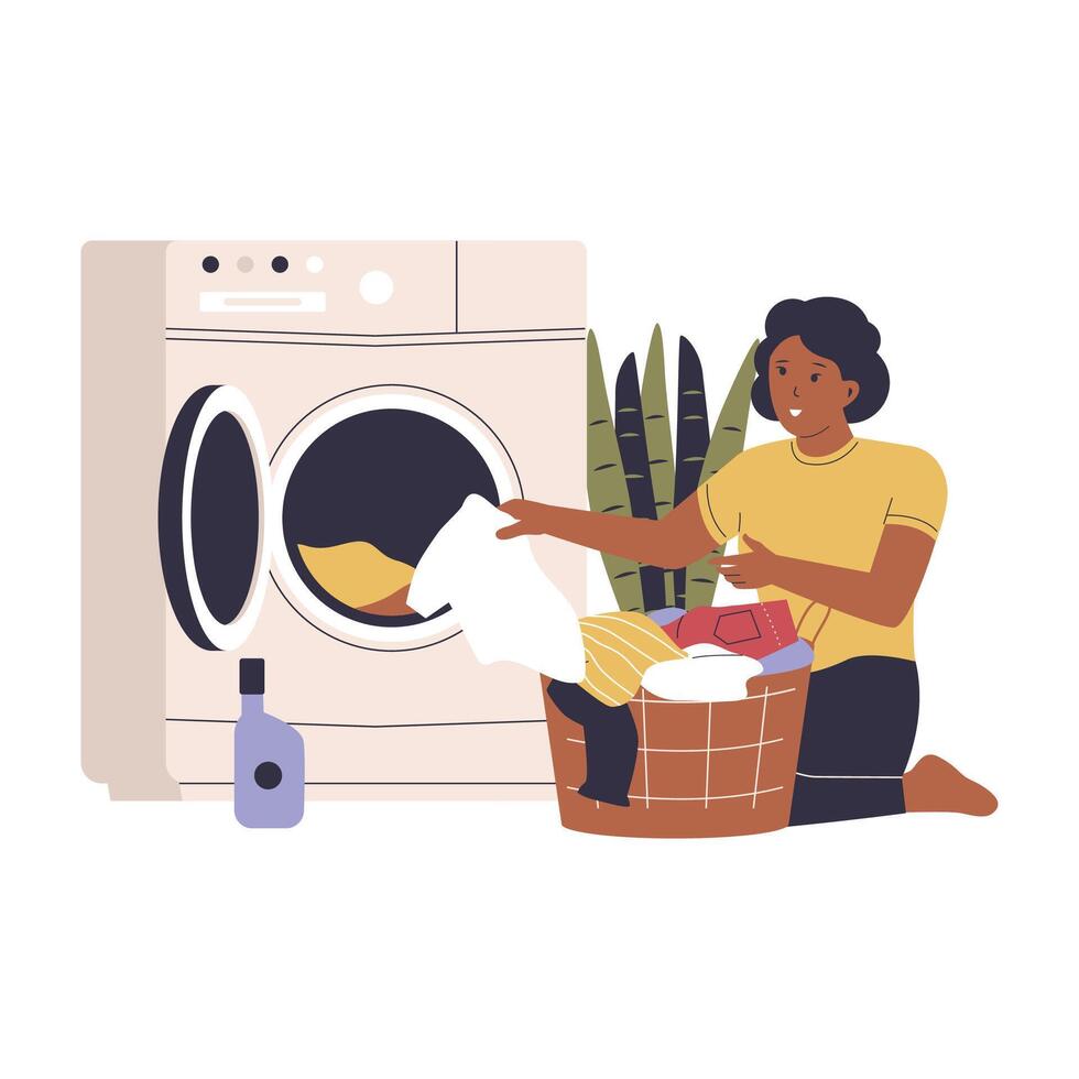 Flat design of woman washing dirty clothes using a machine vector