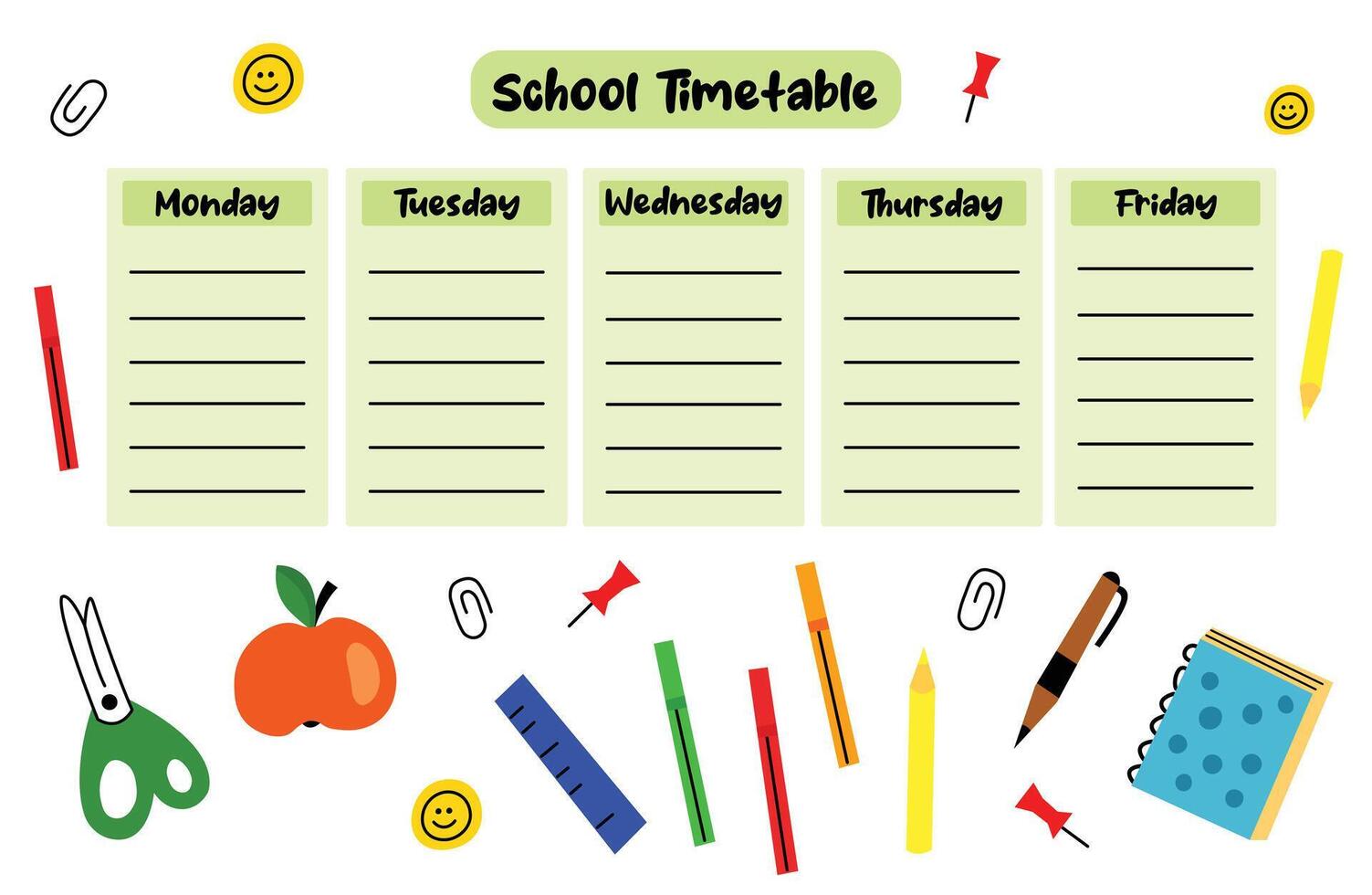 The school timetable outlines daily classes to efficiently manage responsibilities and learning vector