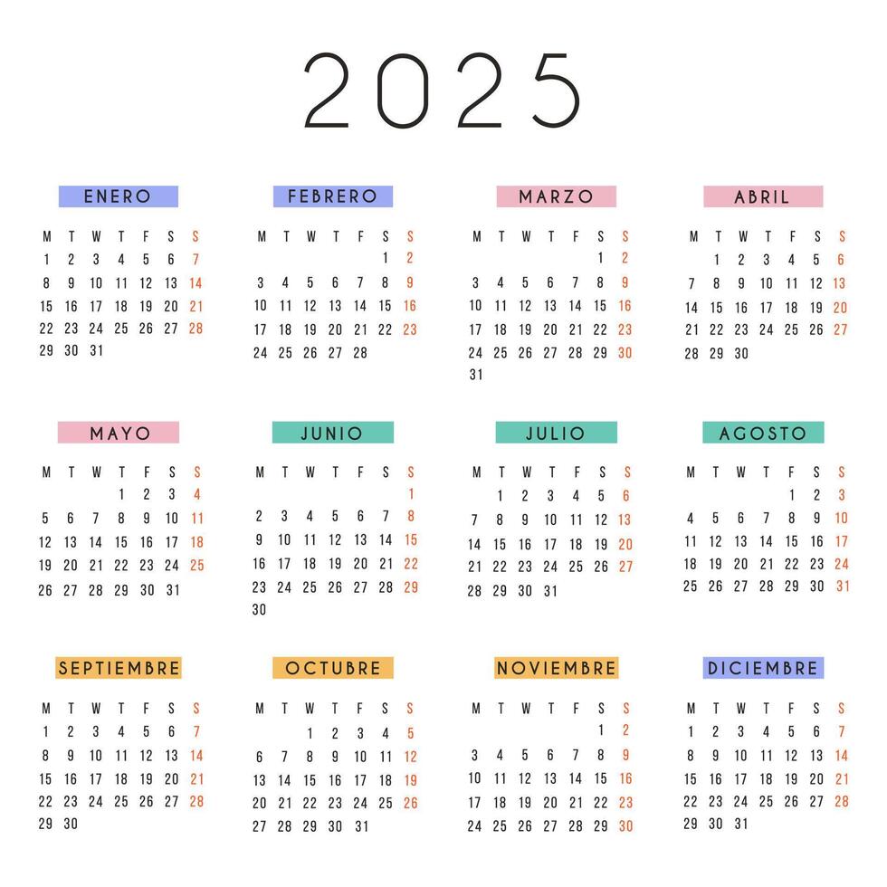 Spanish calendar 2025 year. square stationery calendar week starts Monday. Yearly organizer. Simple calendar template in minimal design. Business illustration. vector