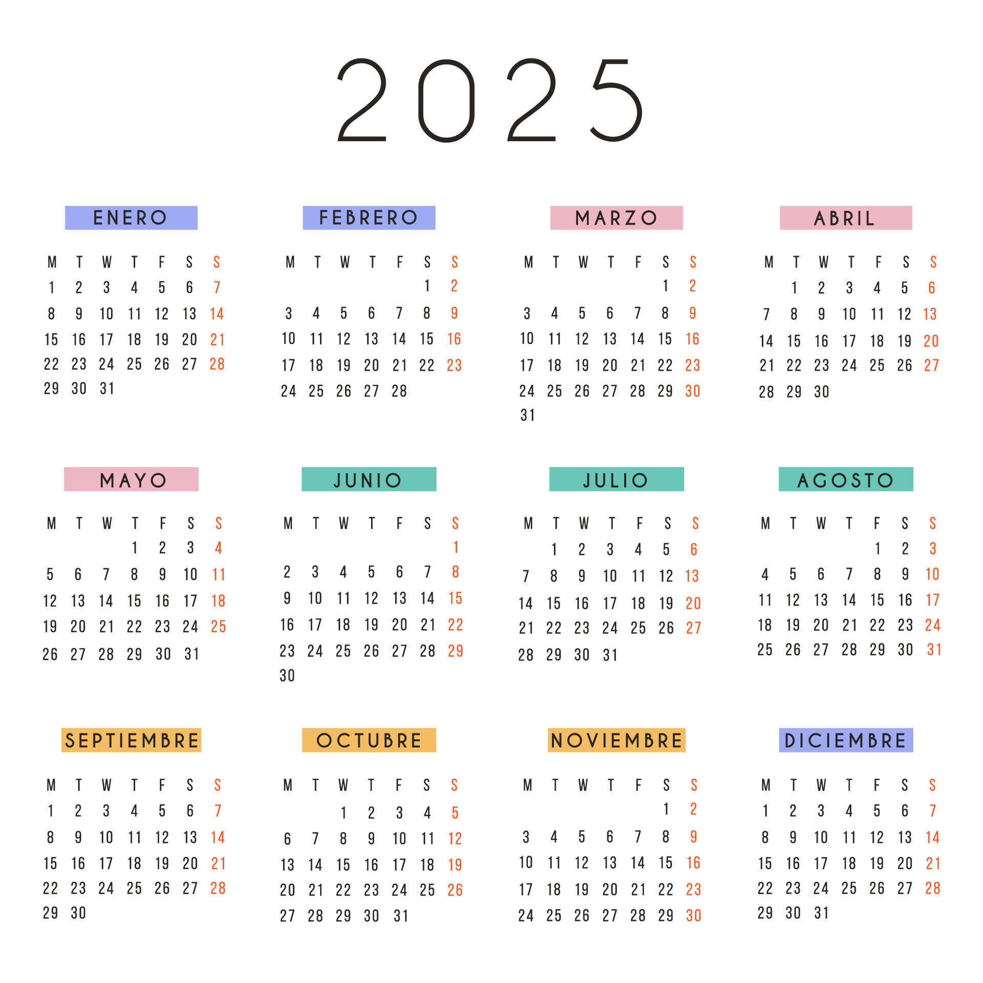 Spanish calendar 2025 year. square stationery calendar week starts Monday. Yearly organizer