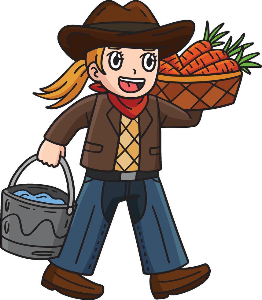 Cowgirl with Carrots and Bucket of Water Clipart vector