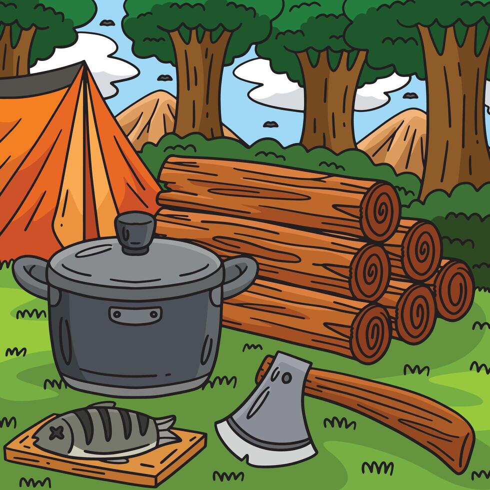 Camping Logs, Ax, and Cooking Pot Colored Cartoon vector