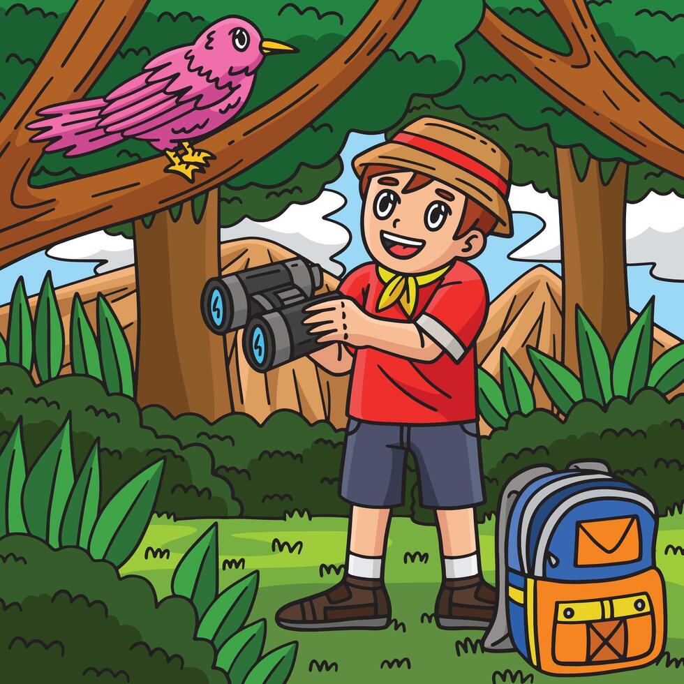 Camping Camper with Binoculars Colored Cartoon vector