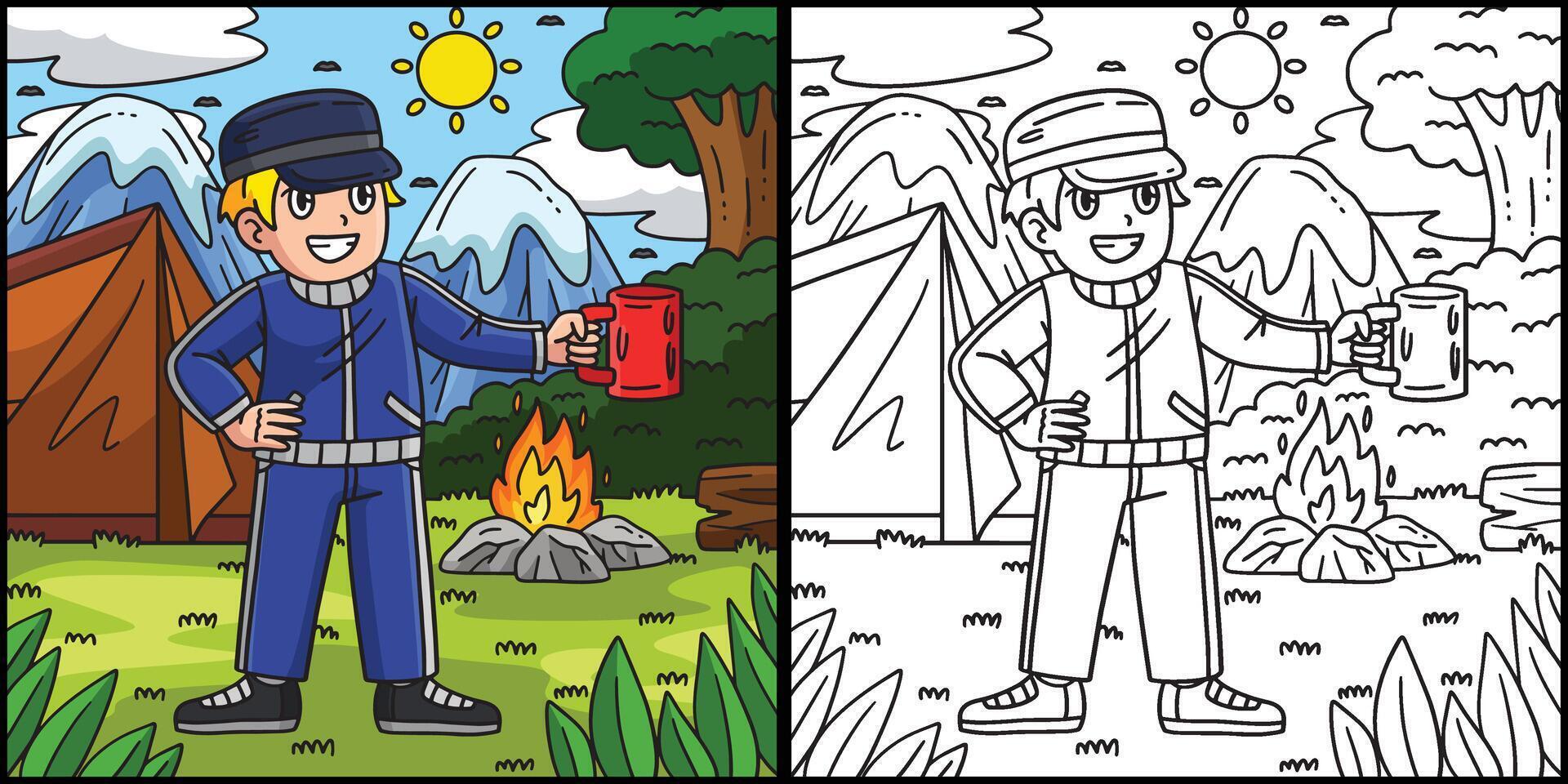 Camping Camper with Morning Coffee Illustration vector