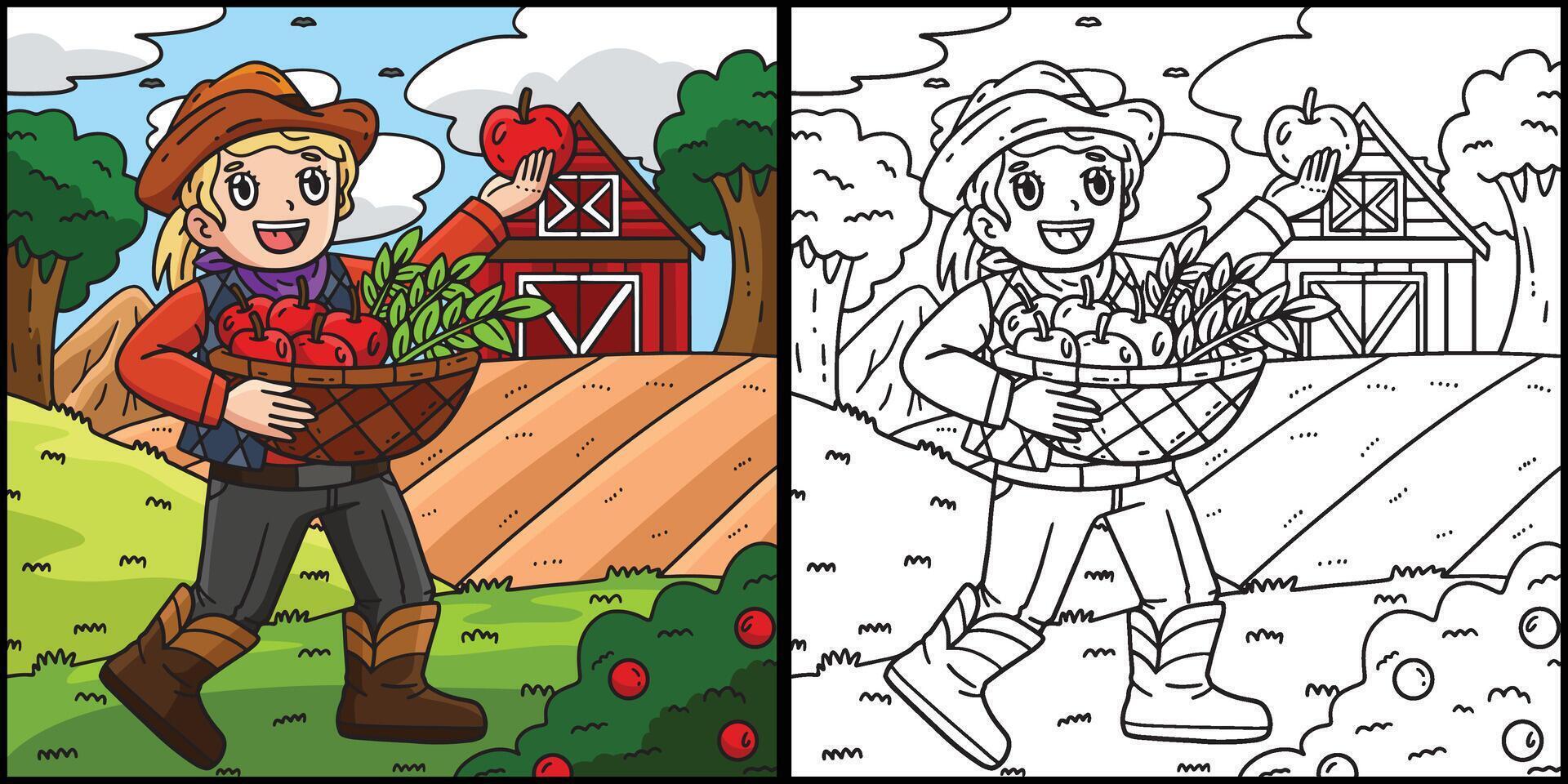 Cowgirl with Basket Apples and Wheat Illustration vector