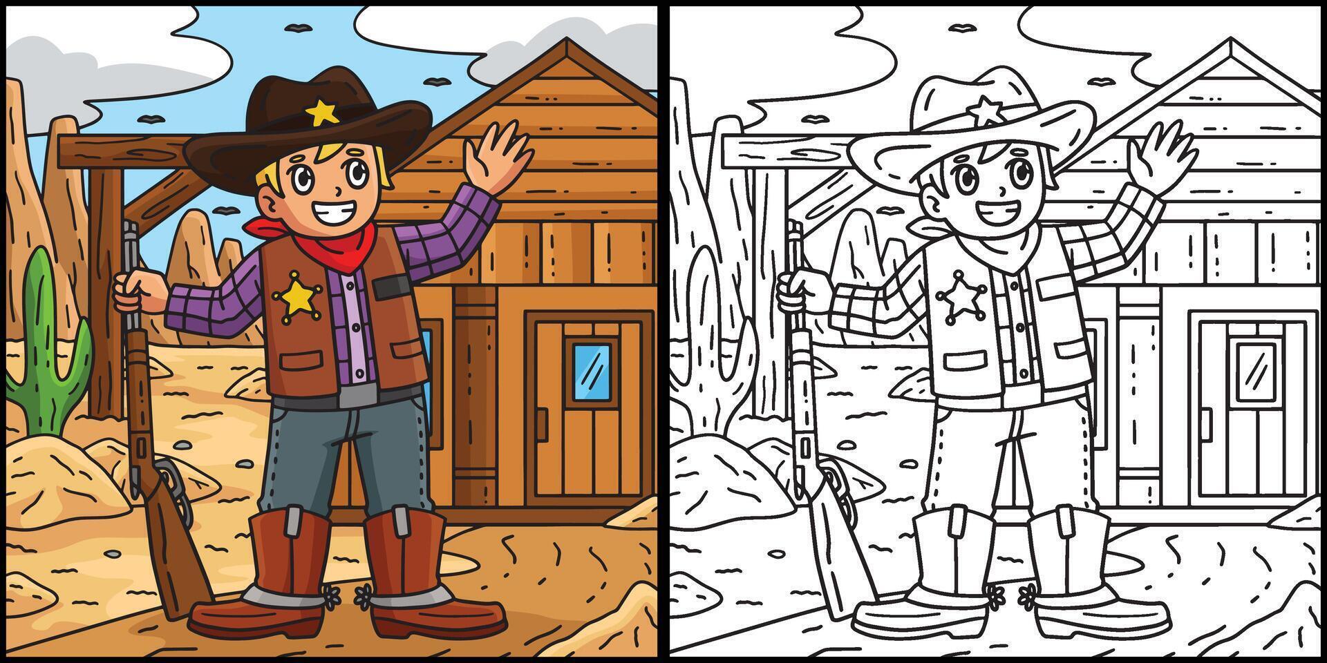 Cowboy Sheriff Coloring Page Colored Illustration vector