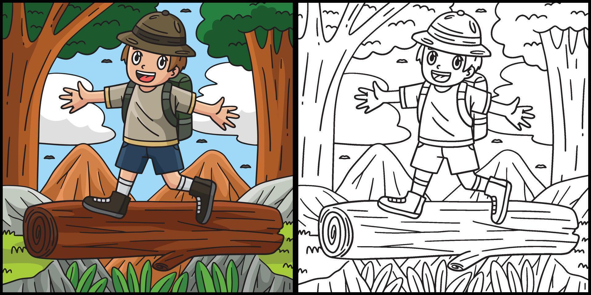 Camping Camper Crossing Log Bridge Illustration vector