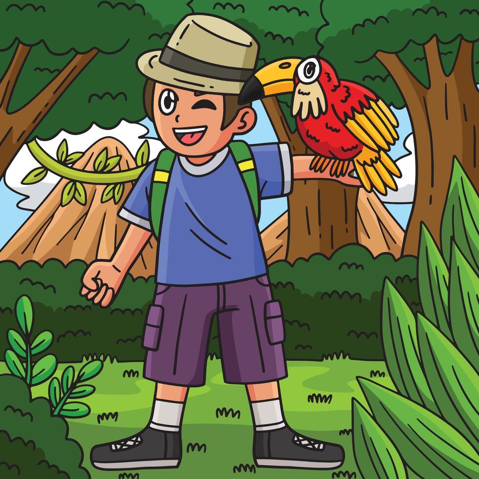 Camping Camper with a Toucan Bird Colored Cartoon vector