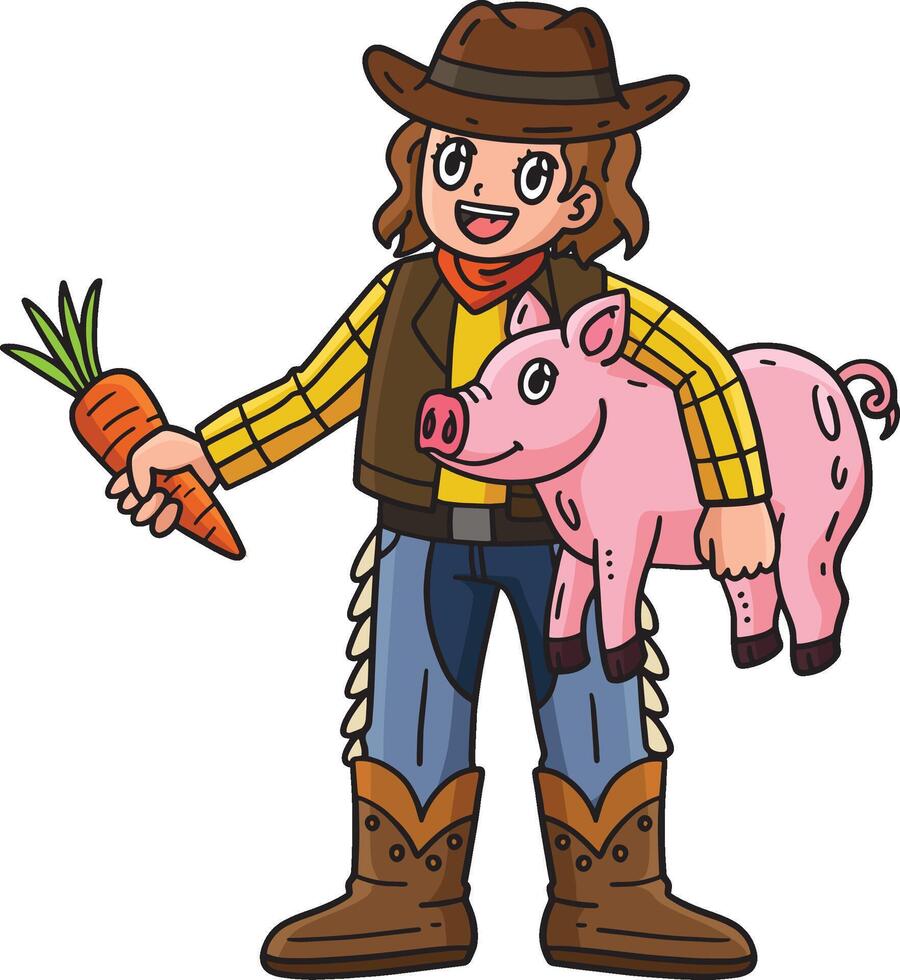 Cowgirl with Piglet and Carrot Cartoon Clipart vector