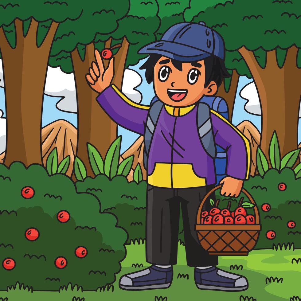 Camping Camper Gathering Berries Colored Cartoon vector