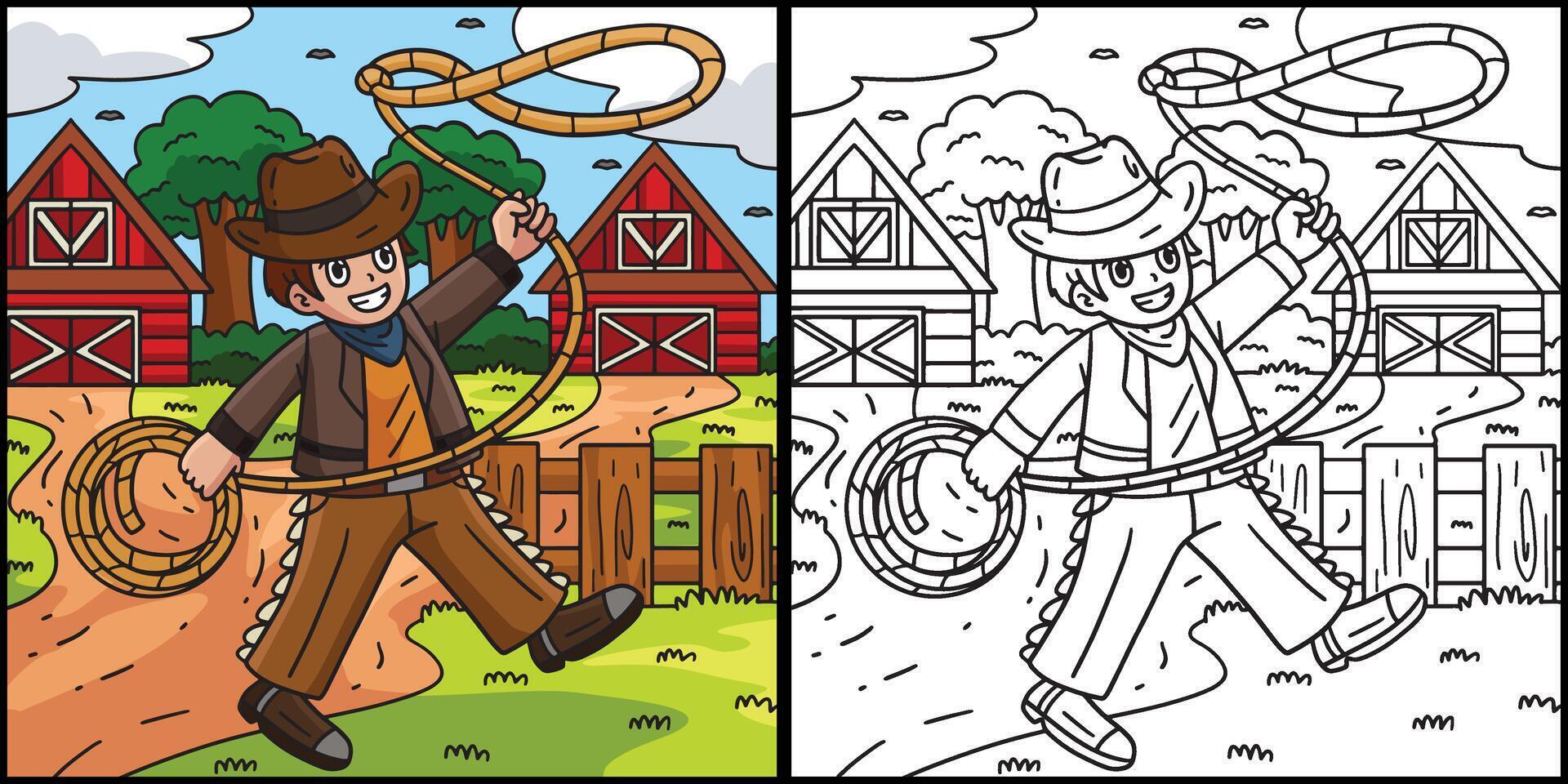 Cowboy with Lasso Coloring Page Illustration vector
