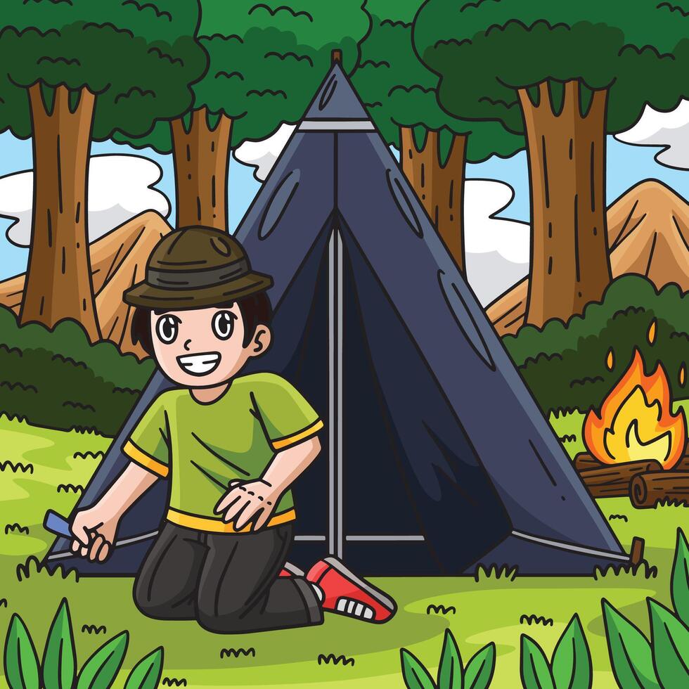 Camping Camper Setting Up a Tent Colored Cartoon vector