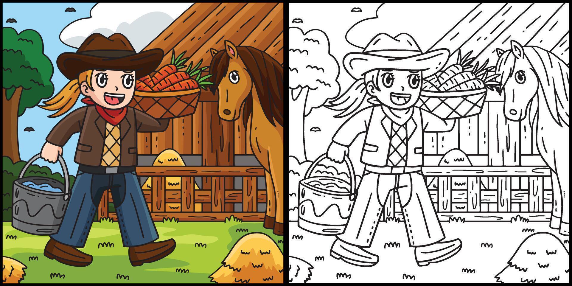 Cowgirl with Carrots Bucket of Water Illustration vector