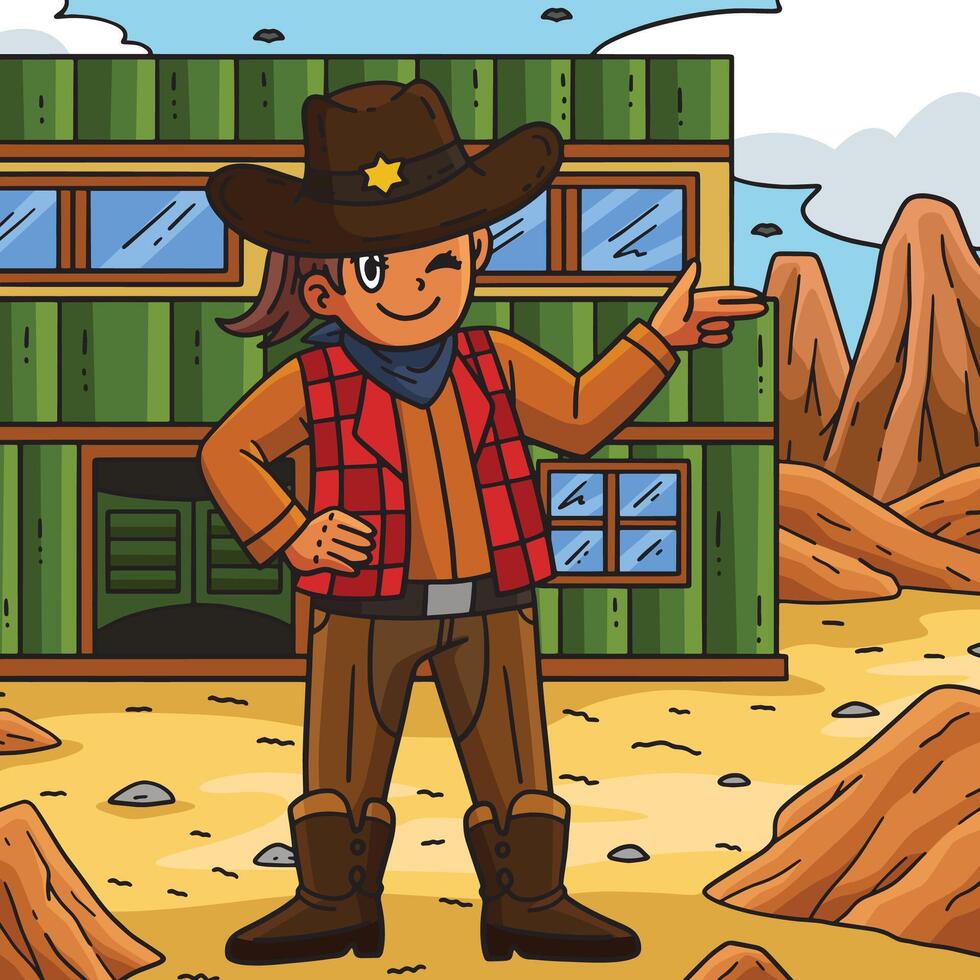 Cowgirl with the Gun Gesture Colored Cartoon vector
