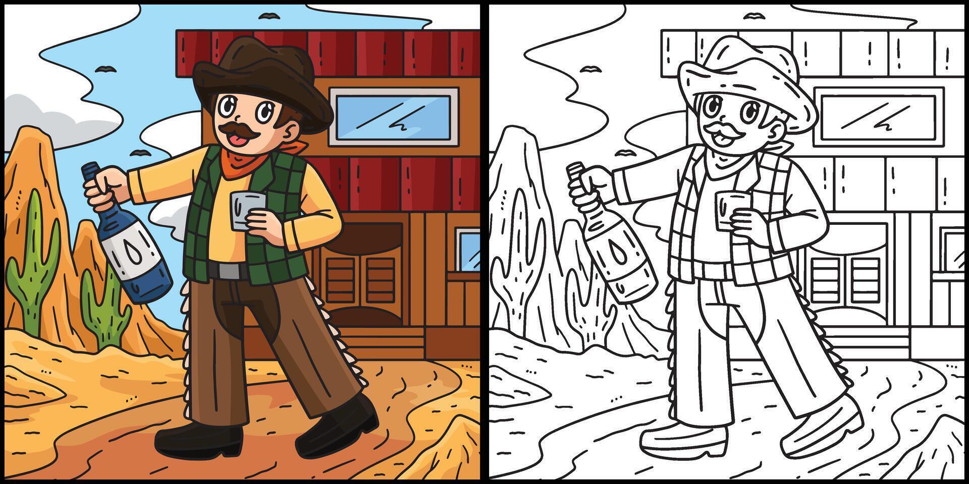 Cowboy with Whiskey Coloring Page Illustration vector