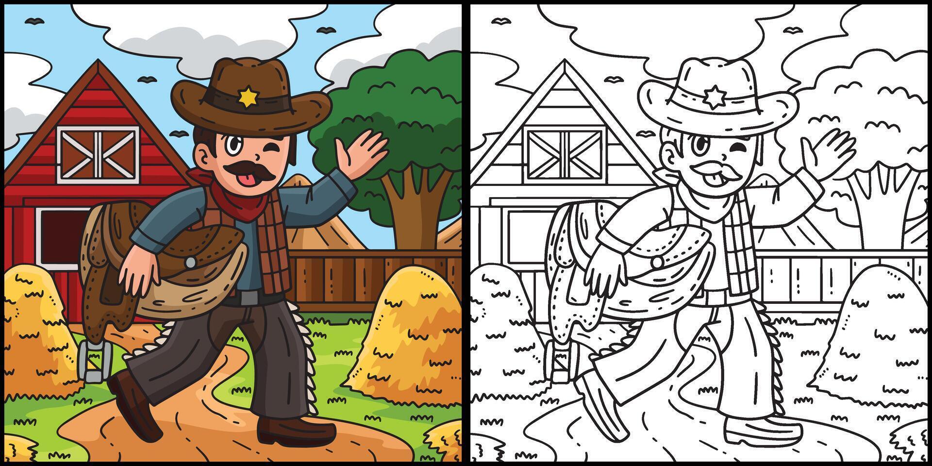 Cowboy Carrying Saddle Coloring Page Illustration vector