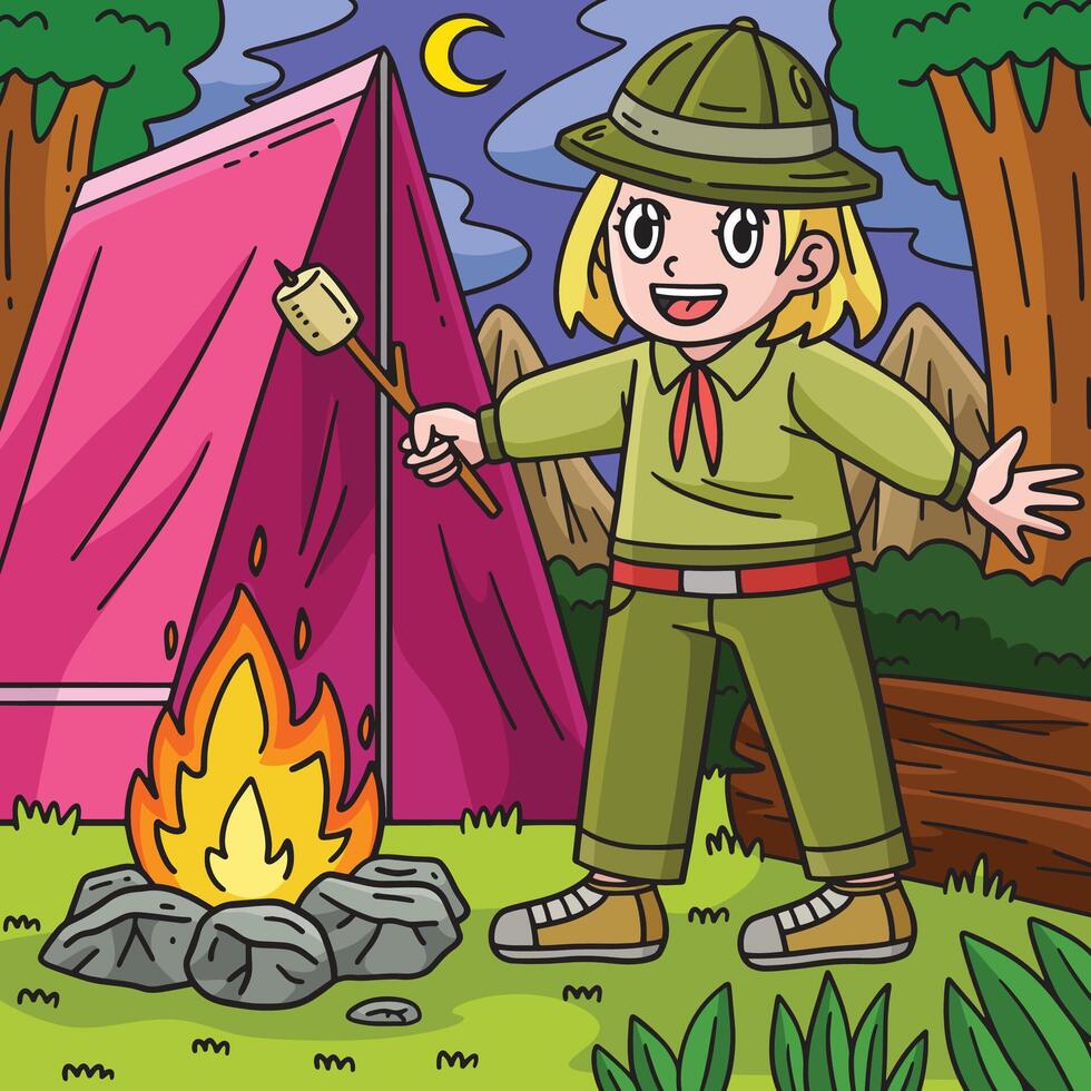 Camping Camper Roasting Marshmallows Colored vector