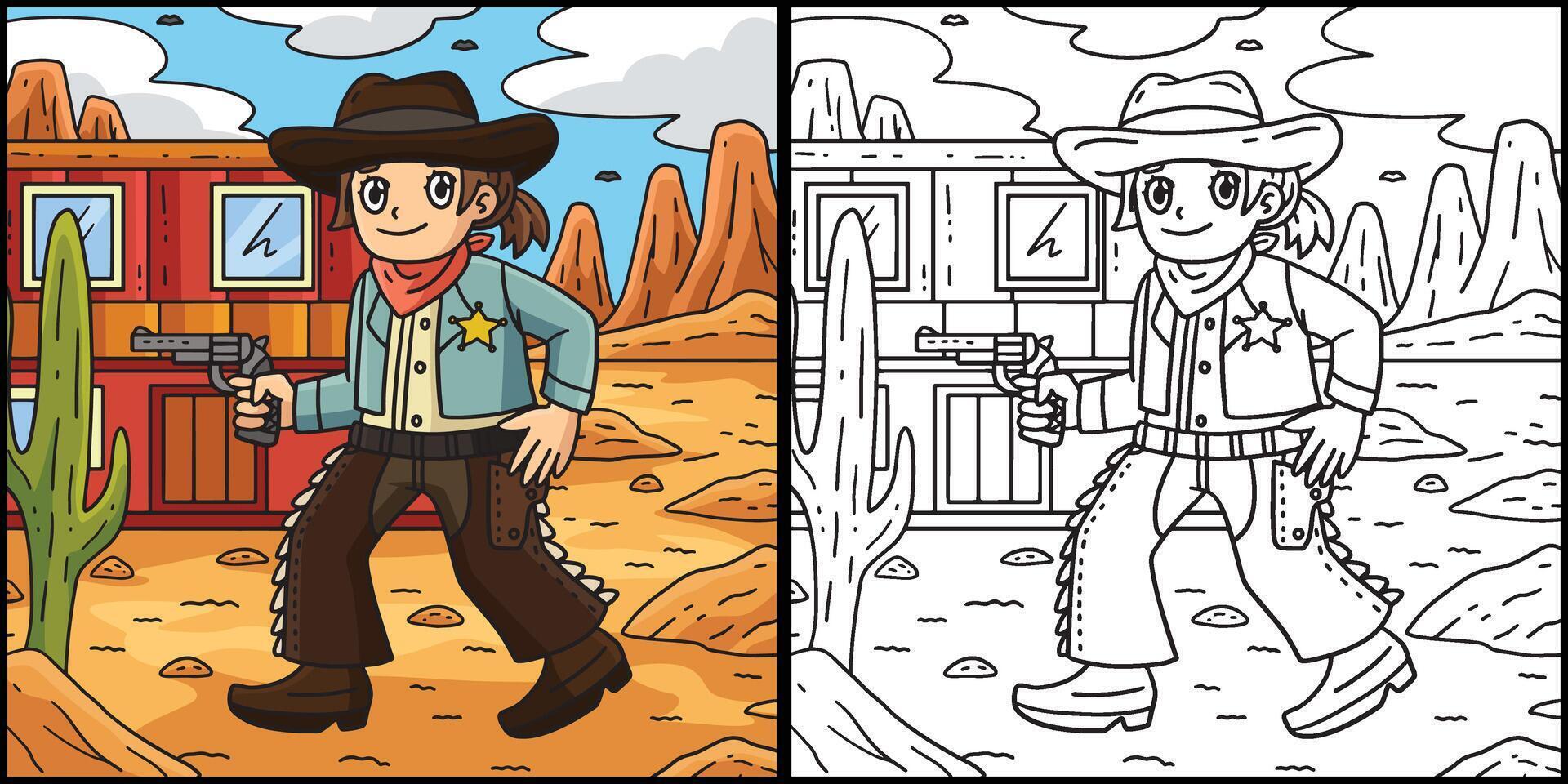 Cowgirl with a Gun Coloring Page Illustration vector