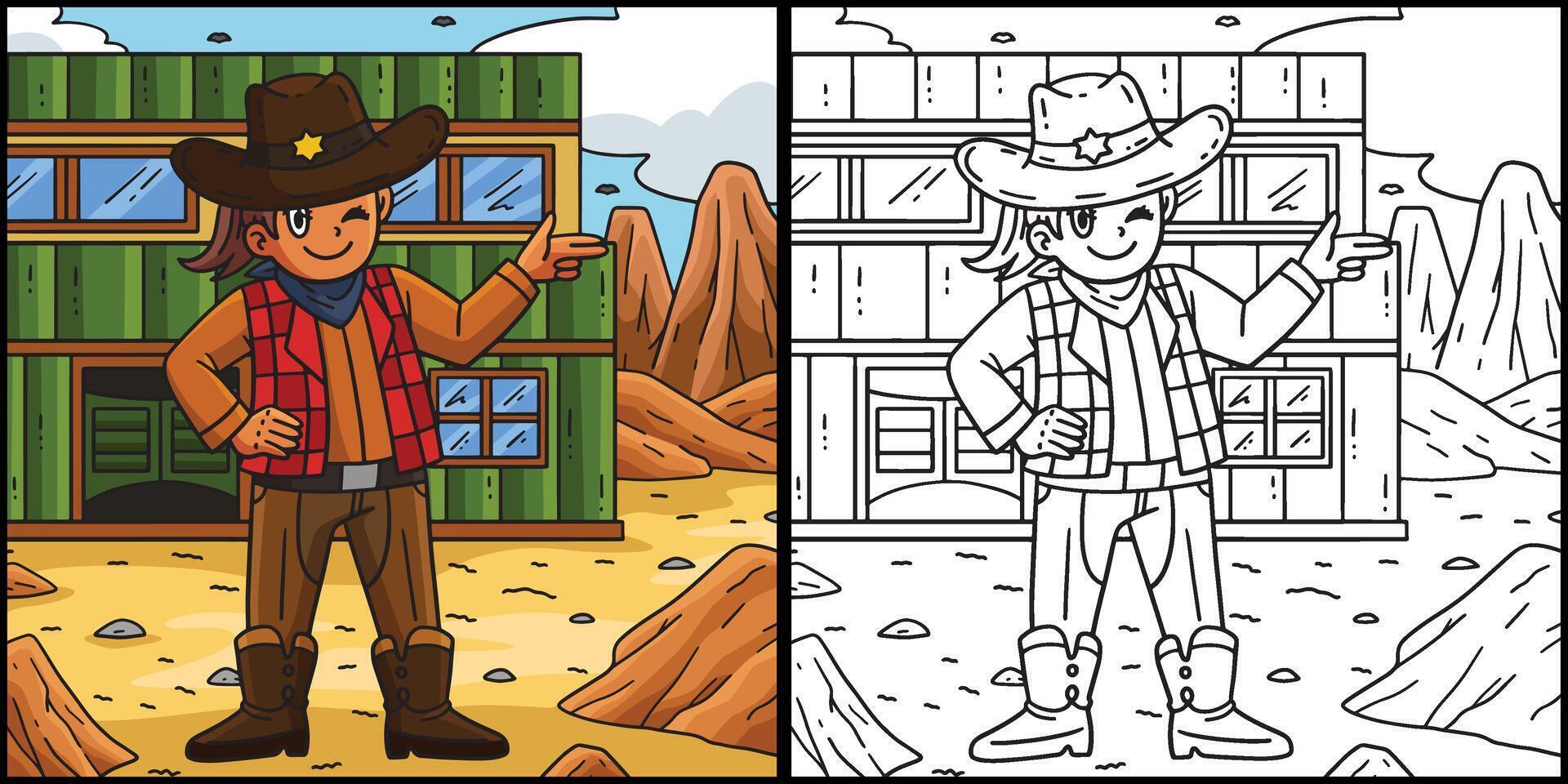 Cowgirl with the Gun Gesture Coloring Illustration vector