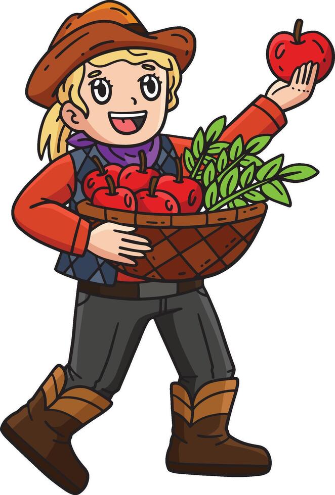 Cowgirl with Basket of Apples and Wheat Clipart vector