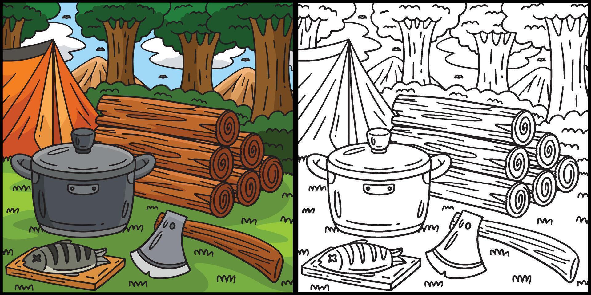 Camping Logs, Ax and Cooking Pot Illustration vector